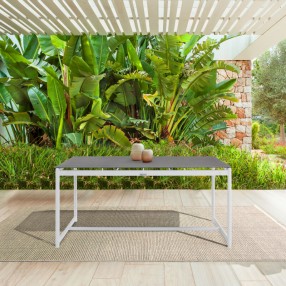 Armen Living Royal White Aluminum and Teak Outdoor Dining Table with Stone Top