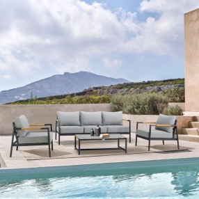 Armen Living Royal 4 Piece Black Aluminum and Teak Outdoor Seating Set with Dark Gray Cushions
