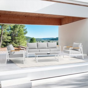 Armen Living Royal 4 Piece White Aluminum and Teak Outdoor Seating Set with Light Gray Cushions