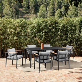 Armen Living Beowulf Outdoor Patio 7-Piece Dining Table Set in Aluminum and Teak with Grey Cushions