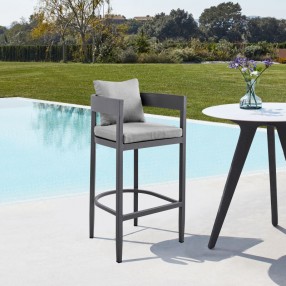 Armen Living Argiope Outdoor Patio Counter or Bar Height Bar Stool in Aluminum with Grey Cushions