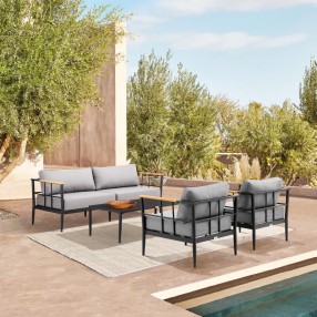 Armen Living Shari Outdoor Patio 4-Piece Lounge Set in Aluminum with Teak Wood and Grey Cushions