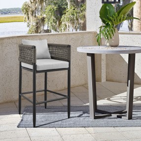Armen Living Felicia Outdoor Patio Counter or Bar Height Bar Stool in Aluminum with Grey Rope and Cushions 