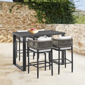 Armen Living Felicia Outdoor Patio 5-Piece Bar Table Set in Aluminum with Grey Rope and Cushions
