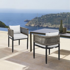 Armen Living Felicia Outdoor Patio Dining Chair In Aluminum With Grey Rope And Cushions