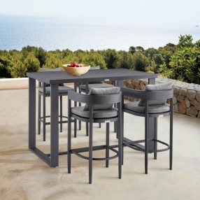 Armen Living Argiope Outdoor Patio 5-Piece Bar Table Set in Aluminum with Grey Cushions- Set