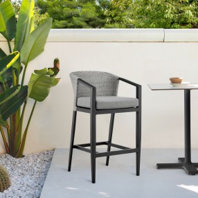Armen Living Aileen Outdoor Patio Counter or Bar Height Bar Stool in Aluminum and Wicker with Grey Cushions Cushions