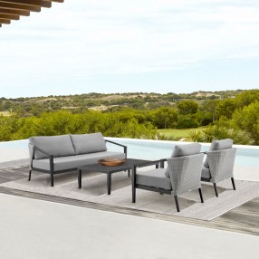 Armen Living Aileen Outdoor Patio 4-Piece Lounge Set in Aluminum and Wicker with Grey Cushions