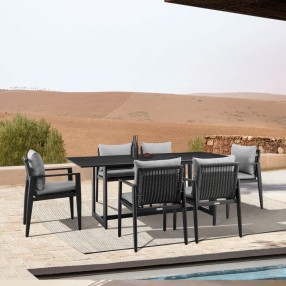 Armen Living Grand Outdoor Patio 7-Piece Dining Table Set In Aluminum With Grey Cushions
