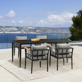 Armen Living Beowulf Outdoor Patio 5-Piece Dining Table Set in Aluminum and Teak with Grey Cushions 10