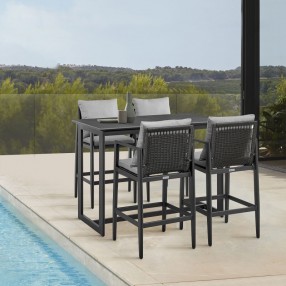 Armen Living Grand Outdoor Patio 5-Piece Bar Table Set in Aluminum with Grey Cushions