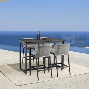 Armen Living Aileen Outdoor Patio 5-Piece Bar Table Set in Aluminum with Grey Cushions