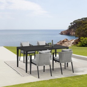 Armen Living Aileen Outdoor Patio 5-Piece Dining Table Set In Aluminum and Wicker With Grey Cushions