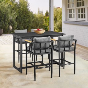 Armen Living Wiglaf Outdoor Patio 5-Piece Bar Table Set in Aluminum with Grey Cushions