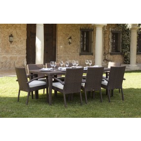 Hospitality Rattan Patio Soho 9-Piece Rectangular Dining Arm Chair Set with Cushions