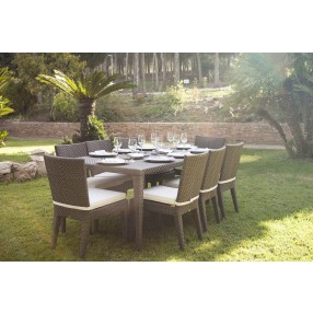 Hospitality Rattan Patio Soho 9-Piece Rectangular Dining Side Chair Set with Cushions
