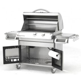 Outdoor Greatroom Company 36" Gas Grill with Cabinet in Stainless Steel - Front Side Angle - Storage Opened