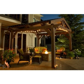 LODGE II - 14' x 14' Douglas Fir Lodge Structure in Mocha Finish  LIfestyle  1 - with Optional Metal Roof