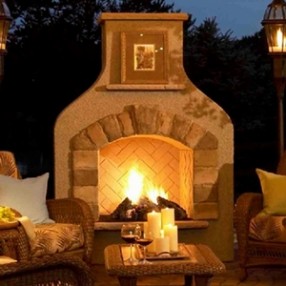 Outdoor Greatroom Company Sonoma Gas Fireplace Surround in Mocha Finish with Crystal Fire Burner - Lifestyle