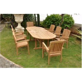 Anderson Teak Sahara 9-Piece Stackable Armchair and Oval Double Extension Outdoor Dining Set with Quick Ship Cushions