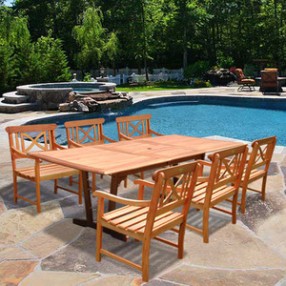 Vifah Rectangular Extension Table & Wood Armchair Outdoor Dining Set