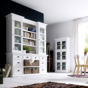 Nova Solo Halifax Mahogany White Distressed Finish Library / Kitchen Hutch with Basket Set and Glass Vitrines - Lifestyle 