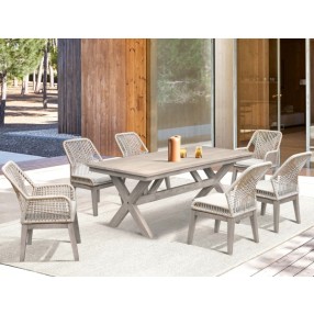 Armen Living Cost Patio Outdoor Dining Chairs With Arms In Grey Acacia Wood And Rope 