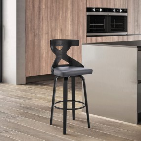 Armen Living Gayle Swivel Cross Back Grey Faux Leather and Black Wood Bar Stool