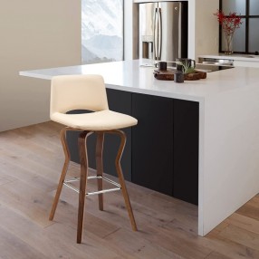 Armen Living Gerty Swivel Cream Faux Leather and Walnut Wood Bar Stool