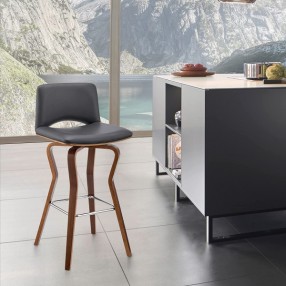 Armen Living Gerty Swivel Grey Faux Leather and Walnut Wood Bar Stool
