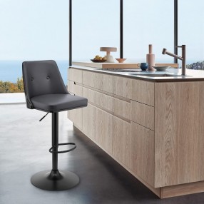 Armen Living Jacob Adjustable Swivel Grey Faux Leather and Black Wood Bar Stool with Black Base