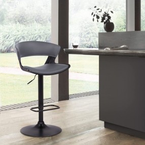 Armen Living Karine Adjustable Swivel Grey Faux Leather and Black Wood Bar Stool with Black Base