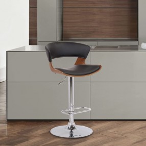 Armen Living Karine Adjustable Swivel Black Faux Leather and Walnut Wood Bar Stool with Chrome Base