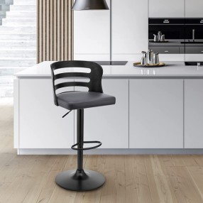 Armen Living Khalia Adjustable Swivel Grey Faux Leather and Black Wood Bar Stool with Black Base