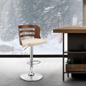 Armen Living Khalia Adjustable Swivel Cream Faux Leather and Walnut Wood Bar Stool with Chrome Base