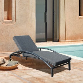 Armen Living Mahana Adjustable Patio Outdoor Chaise Lounge Chair In Black Wicker With Charcoal Cushions