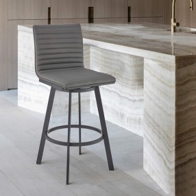 Armen Living Nikole Swivel Bar Stool In Matt Black Finish With Gray Faux Leather