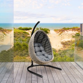 Armen Living Pisces Indoor Outdoor Hanging Egg Swing Chair in Espresso Wicker with Black Iron Stand