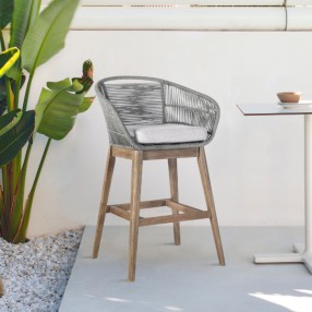 Armen Living Tutti Frutti Indoor Outdoor Bar or Counter Height Bar Stool in Aged Teak Wood with Grey Rope