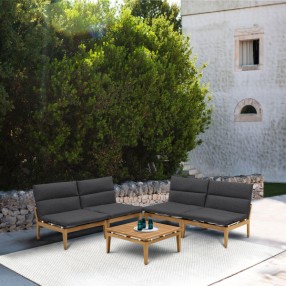Armen Living Arno Outdoor 5 Piece Teak Wood Seating Set in Charcoal Olefin- Loveseat