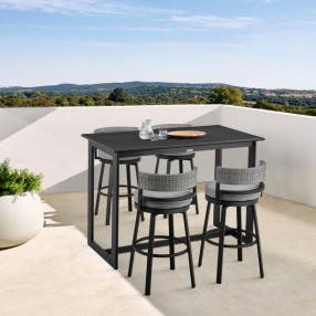 Armen Living Encinitas Outdoor Patio 5-Piece Bar Table Set in Aluminum with Grey Cushions