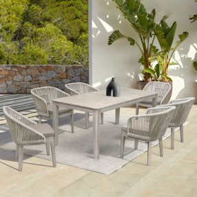 Armen Living Haiti 7-Piece Patio Outdoor Dining Set With In Grey Acacia Wood With Rope