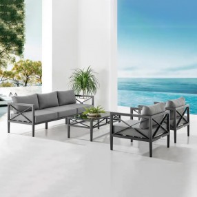 Armen Living Sonoma Outdoor 4 piece Set In Grey Finish And Dark/Light Grey Cushions