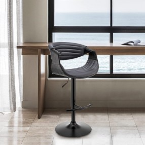 Armen Living Gionni Adjustable Swivel Gray Faux Leather and Black Wood Bar Stool with Black Base