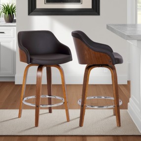 Armen Living Alec 26" Counter Height Swivel Brown Faux Leather and Walnut Wood Bar Stool 