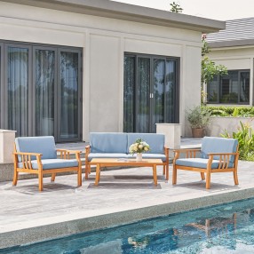 Vifah Kapalua Honey Nautical Eucalyptus Wooden Outdoor Sofa Set, Front Angle