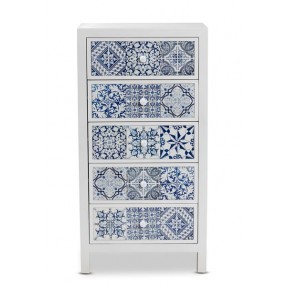 Baxton Studio Alma White Wood Blue Floral Tile 5 Drawers Accent Chest