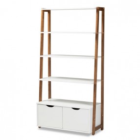 Baxton Studio Senja White Ash Walnut Brown Wood 2 Door Ladder Bookshelf