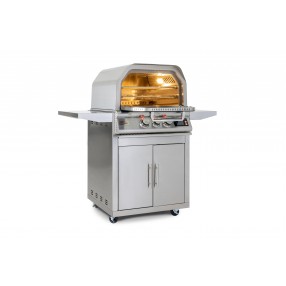Blaze Grills 26-Inch Propane Gas Outdoor Pizza Oven With Rotisserie - Angled with Closed Door and Lit