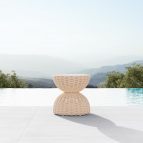 Azzurro Living Cabo Side Table With Natural Aluminum Frame And Almond And All-Weather Wicker - Lifestyle